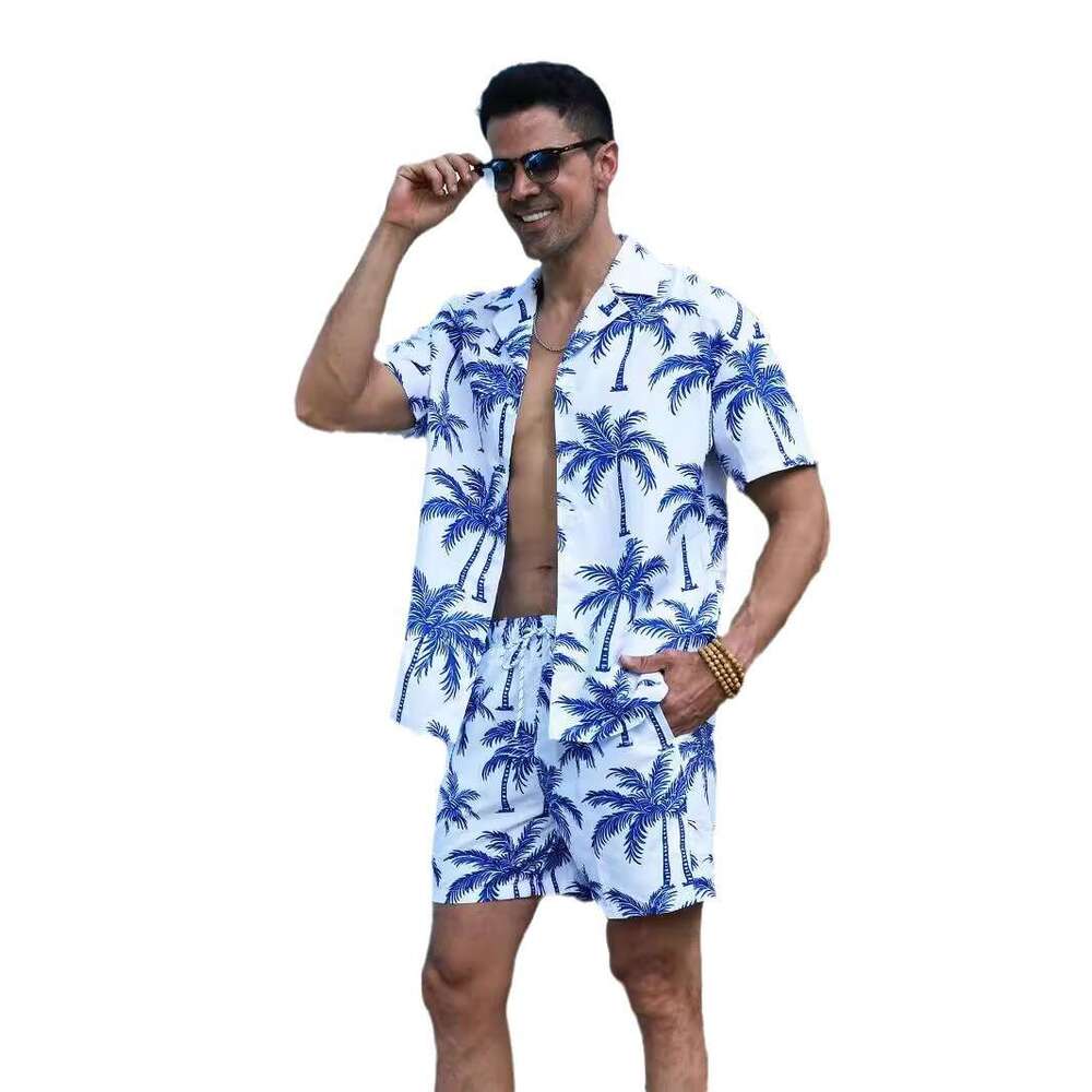 Hawaiian style shirt set for men summer vacation, casual short sleeved shorts, beach wer shirt, pamas, 2025 new style, chic and elegant clothing