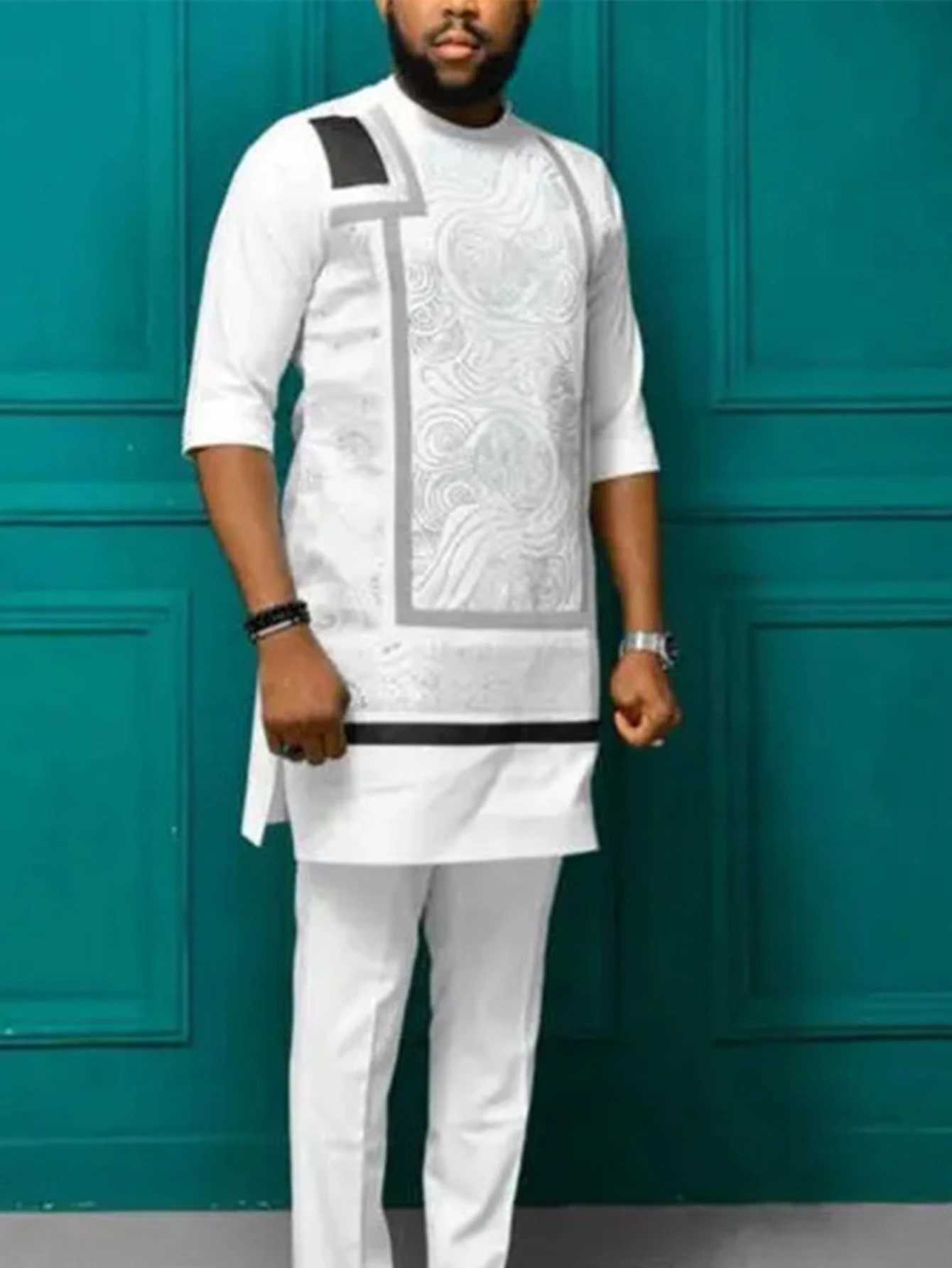 African Summer Two Piece Mens Round Neck Printed Shirt and Pants Set Africa Arab Traditional Ethnic Party Slimming 2024 Set X250313
