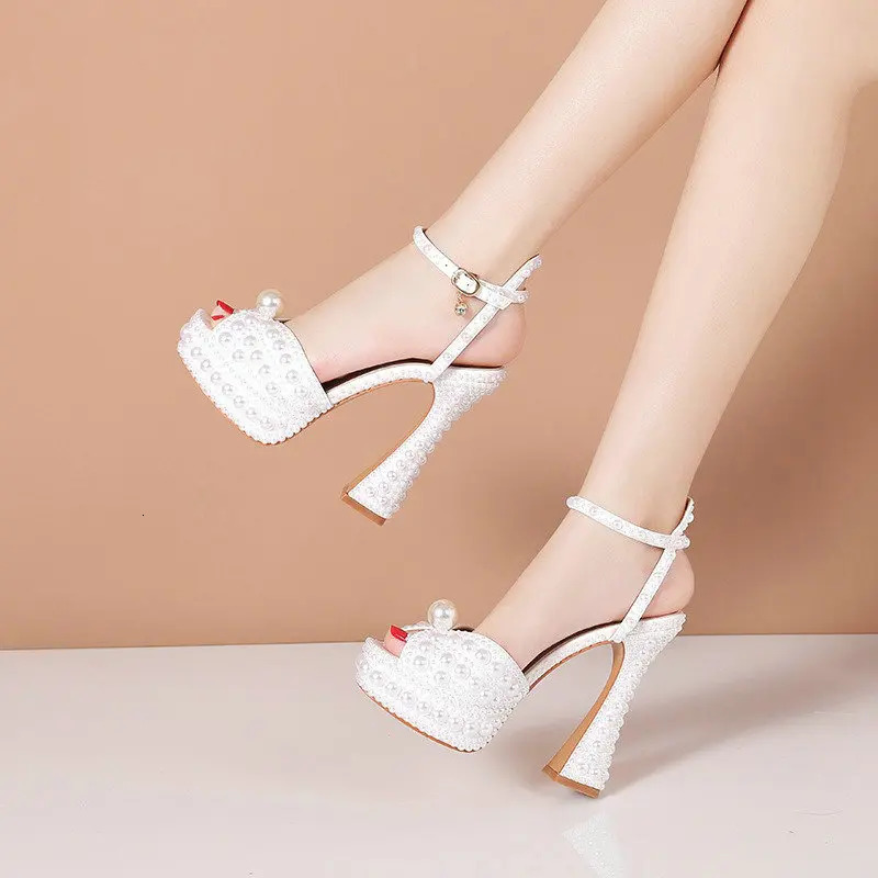 Summer Thick Heel High Heels Water Diamond Pearl Womens Single Shoes Bridal Wedding Shoes Banquet Party Sandals 250312