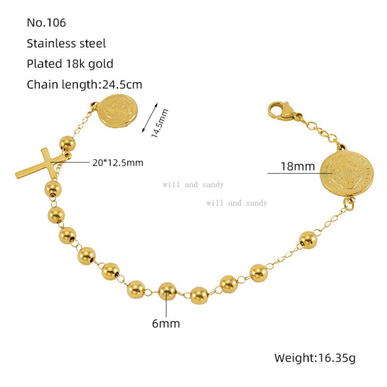 Catholic Rosary 18k Gold Religious Virgin Mary Religious Cross Charm Bracelet Non Tarnish Stainless Steel Bead Chain Bracelets Woman Fashion Jesus Fin