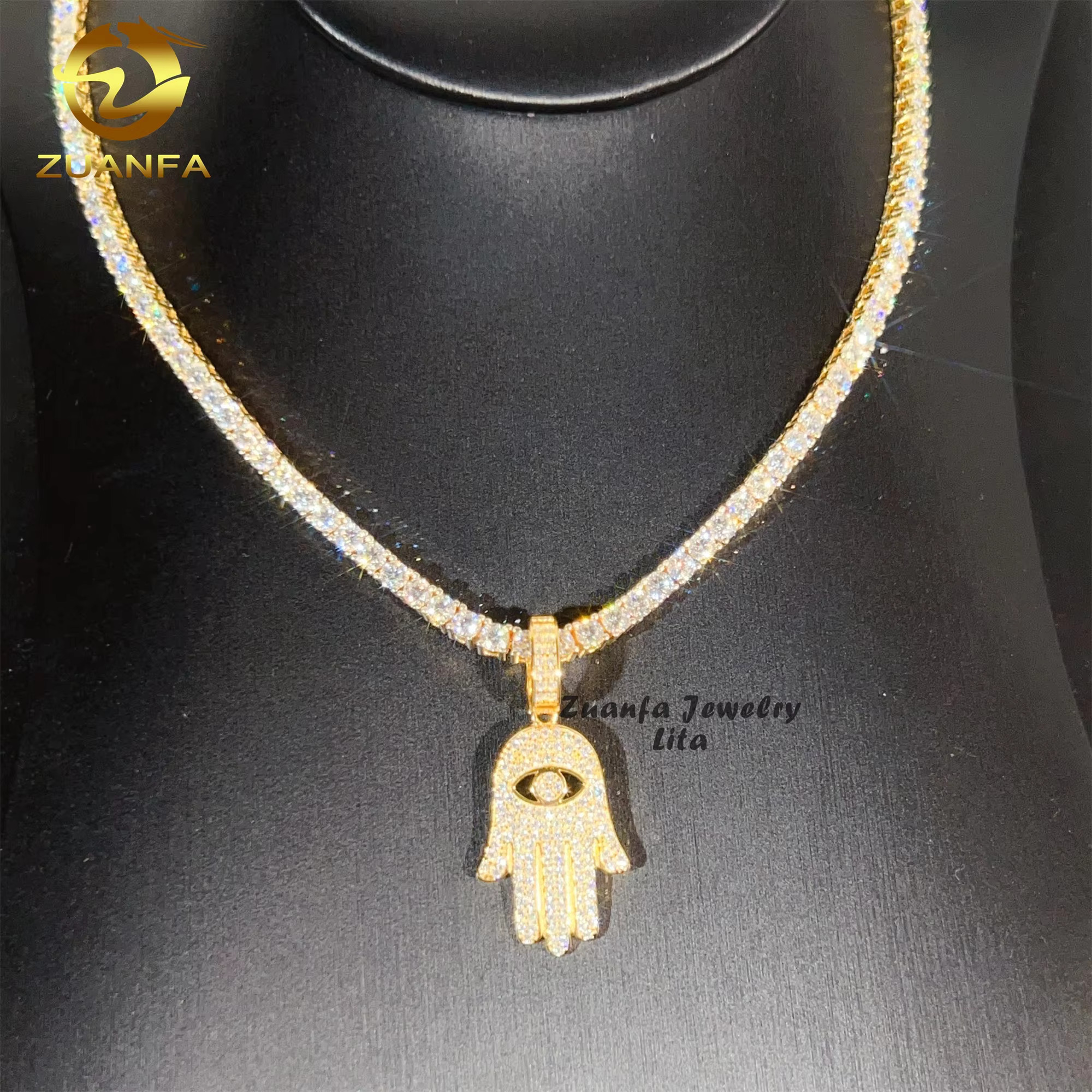 Factory Price Top Quality Charm 925 Sterling Silver Iced Out Hamsa Moissanite Hip Hop Pendant