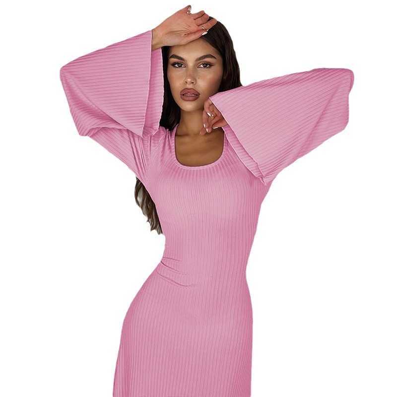 Womens 2023 autumn fashion loose U-neck back lace up long sleeved dress T250312