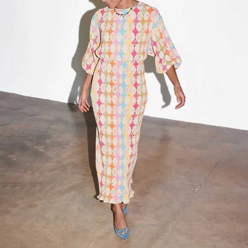 Urban Sexy Dresses 2025 Summer Women Geometric Patterns Print on Dr V-neck Puff Slve Loose Pleated Midi Dr Female Robes Plus Size S-3XL Y240312IYTV