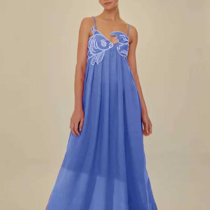 Urban Sexy Dresses 3D Fish Embroidered Folded Strap Dr Womens Spring Strap Hollow Party Long Dr Summer Back Zipper Boho Dr Y240312CVXY