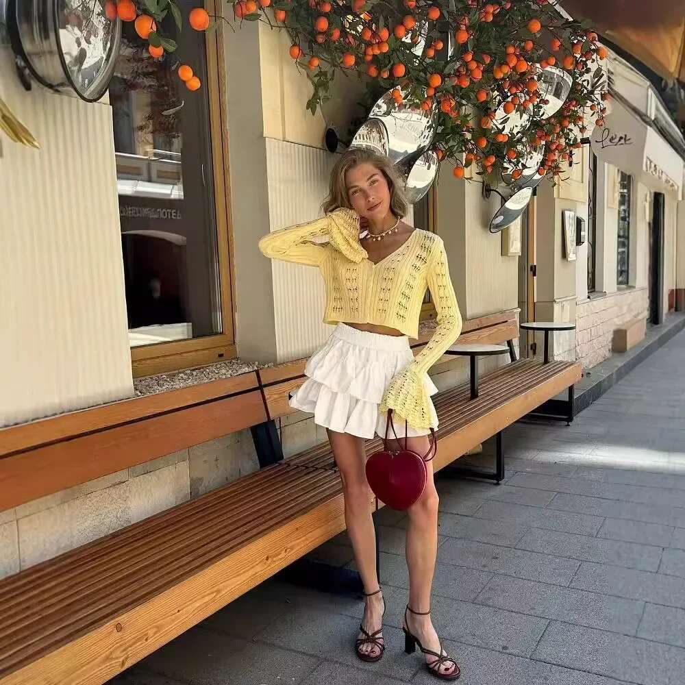 Women's Knitted Cardigan New Solid Color Long Sleeve V-Neck Cropped Top European American Cross-Border Style Fashion Clothing