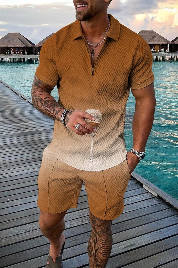 Designer Shirts Men: Bohemian Geometric 3D Print Polo Shirt Zipper Lapel Set & Shorts - Hawaiian Holiday Outfit