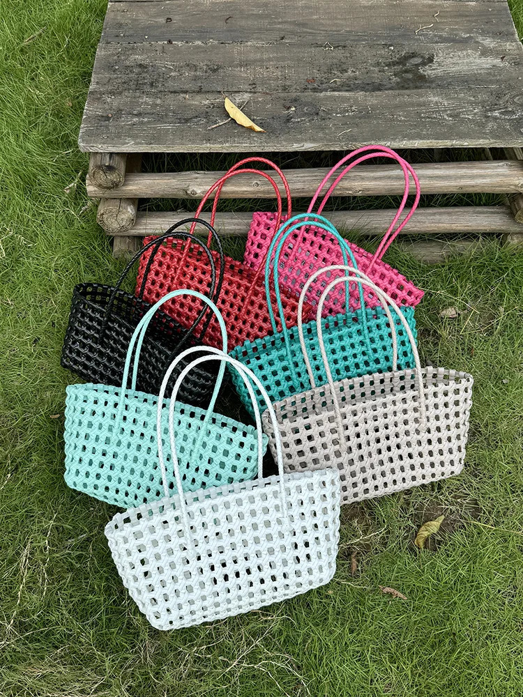 Hylhexyr PVC Handheld Hollow Woven Tote Bag Vegetable Basket Shoulder Bags Beach Vacation Picnic Handbag Summer R250312