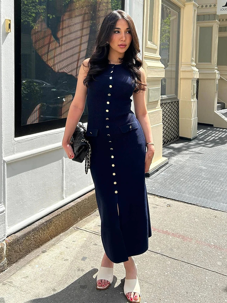 Womens Knit Cardigan Dress Summer Elegant Lady Long Dresses Solid Single Breasted Sleeveless Bodycon Female 250313
