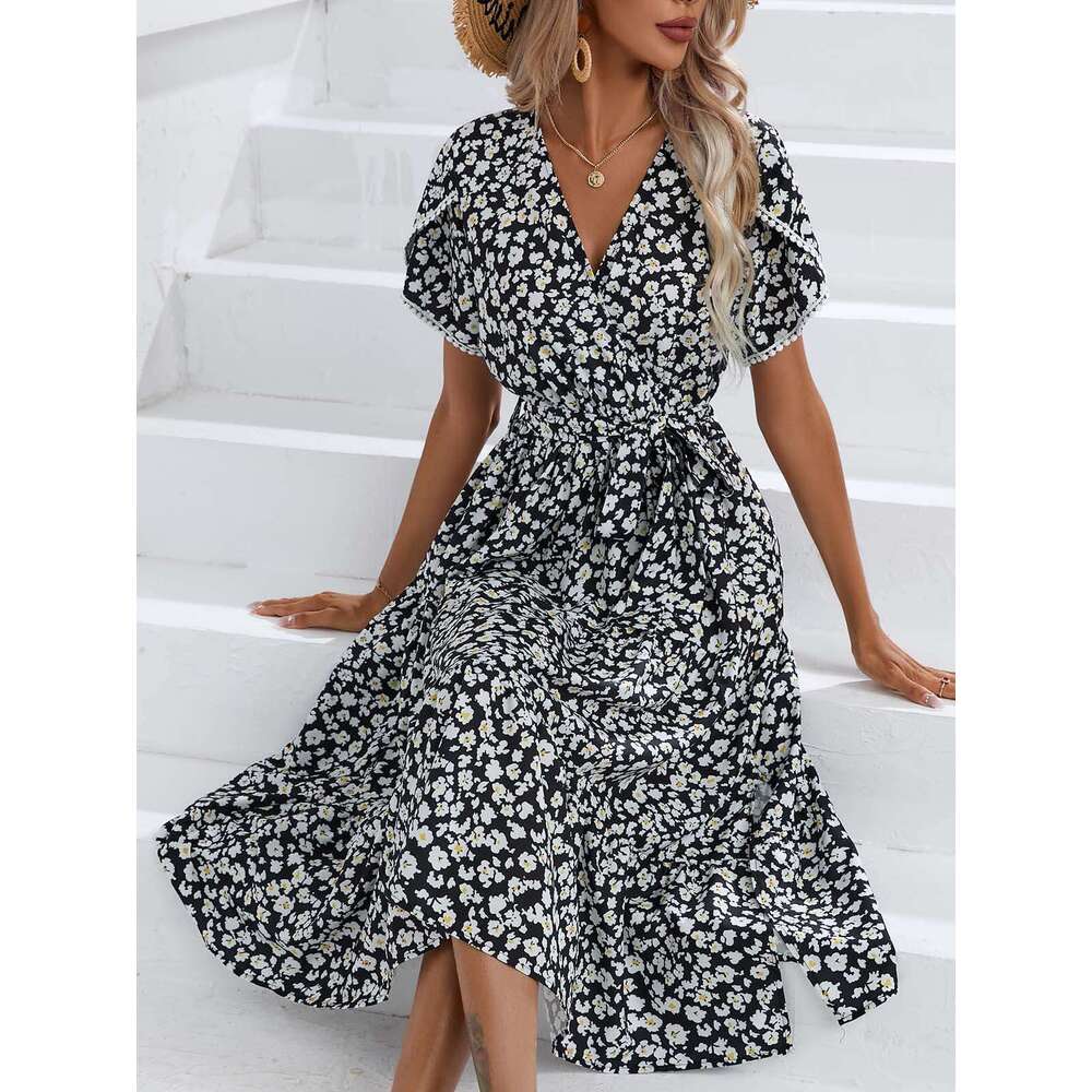 European and American popular dress summer small ral split V-neck women's 2025 new casual versatile fashion clothing
