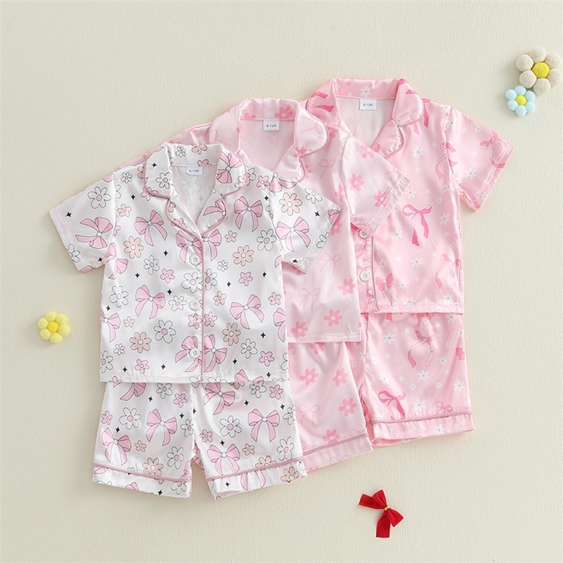 Toddler Girls Summer Pajamas Set Flower Bow Print Button-Down Lapel Short Sleeve Shirt and Shorts Lounge Wear 2 Pcs Sets 250312