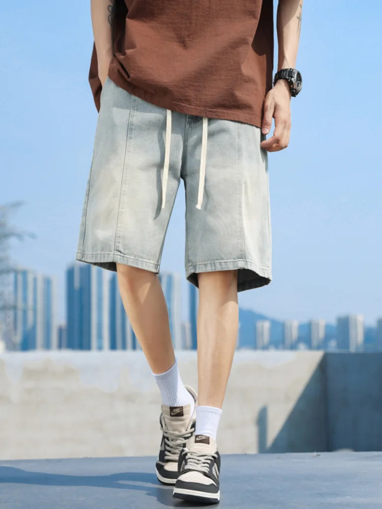 Retro fashion denim shorts mens streetwear loose straight leg casual with elastic waist brushed men 250313