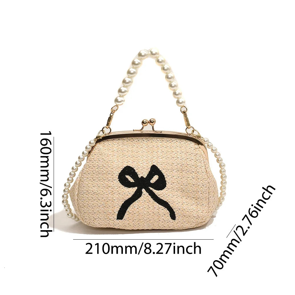 Summer Straw Bag Women Bow Shoulder Bags Pearl Chain Clutch Luxury Top Hand Bag Fashion Handbag Purses Crossbody Bag for Women R250312