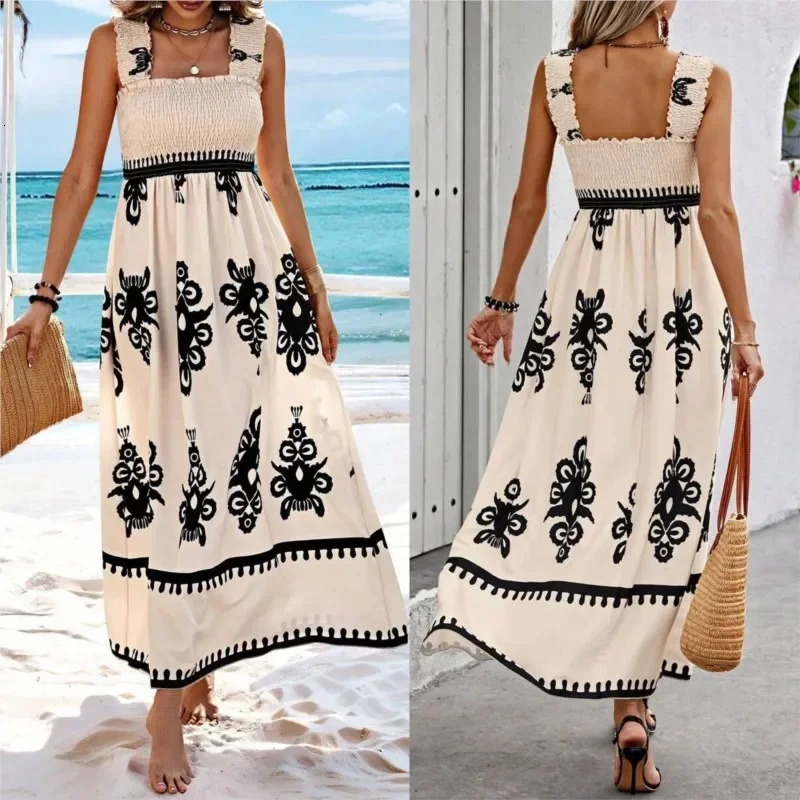 Bohemian womens summer clothing folding shoulder strap print high waist sexy backless beach dress holiday robe fashionable 250313