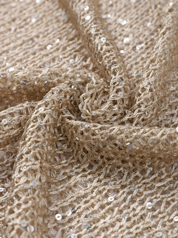 Sparkling hollow floral womens loose Oneck long sleeved knitted sweater spring shiny fashion evening dress 250313