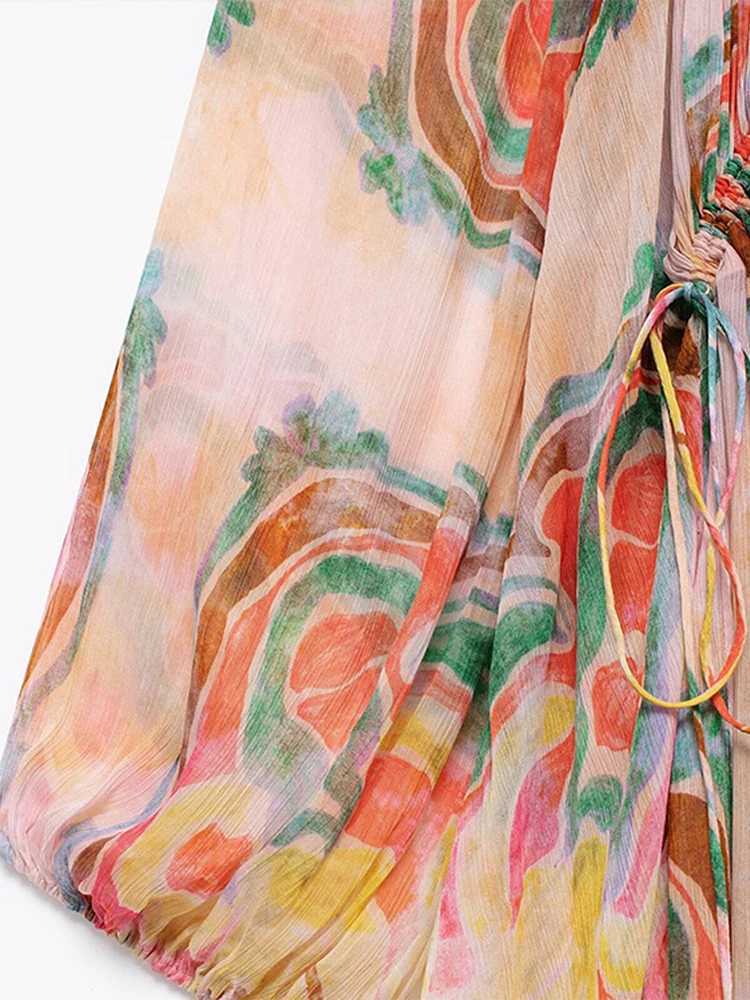 Urban Sexy Dresses Fashionable printed chiffon lace Dr womens loose O-neck long lantern Slve pleated womens dress 2025 summer womens colorful robe Y24