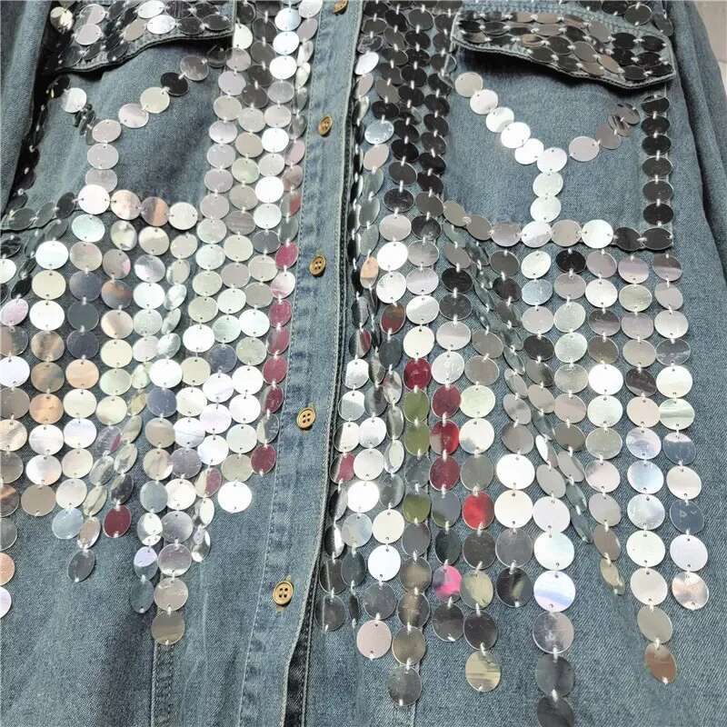 Chic Sequins Denim Spring Loose Jeans Beading Blouse Single Breasted Cowboy Cardigan Crop Tops Blusas