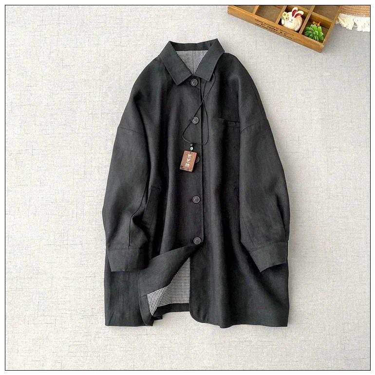 Women's Trench Coats Clothing Washed Linen Long-sleeved Coat Spring Product Medium-length Loose Baba 250208-3
