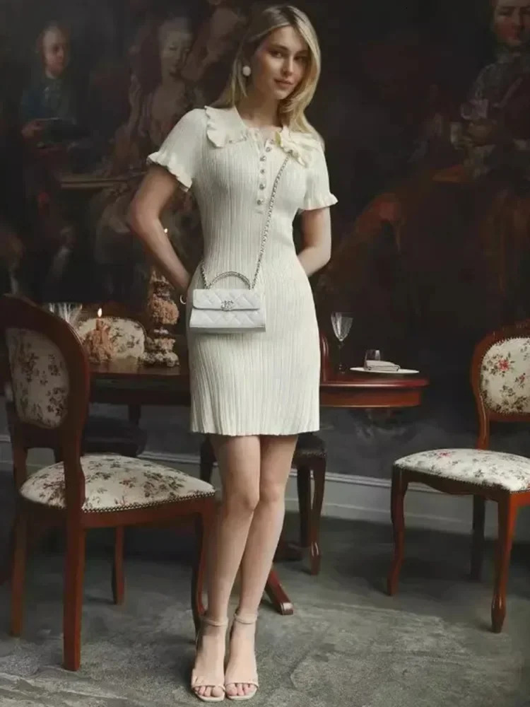 Leosoxs Short Sleeve Ruffled Knit Mini Dress for Women Solid Color Singlebreasted Slim Fit Sexy Fashion Elegant 250313