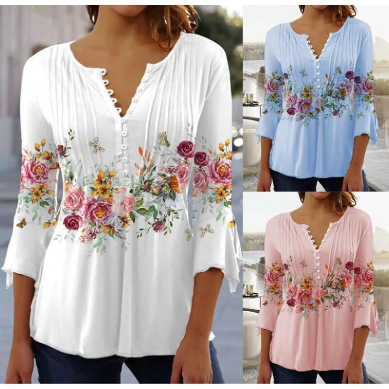 European and American Spring/Summer Fashion Women's wer Printed V-neck Short Sleeve Folded Button T-shirt Bottom Shirt 2025 Versatile New Trendy 