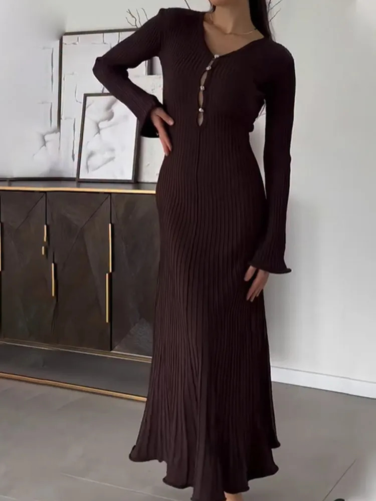 Womens Elegant Button Vneck Knitted Long Skirt Fashion Sleeve Ruffle Slimming Vestido Waist Office Robe 250313