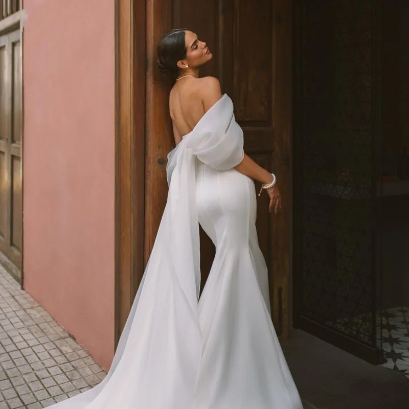 2025 Elegant Sweetheart Mermaid Wedding Dress Women White Off The Shoulder Open Back Organza Bridal Gown Train Vestidos De Novia