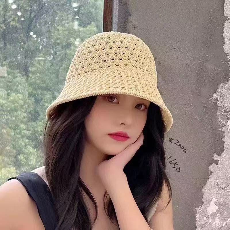 Spring and trendy woven hollow bucket summer sun protection straw hat, fashionable internet celebrity breathable baseball cap