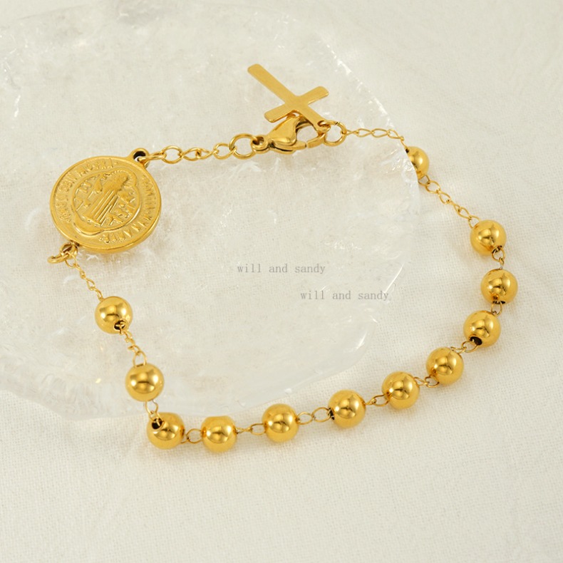 Catholic Rosary 18k Gold Religious Virgin Mary Religious Cross Charm Bracelet Non Tarnish Stainless Steel Bead Chain Bracelets Woman Fashion Jesus Fin