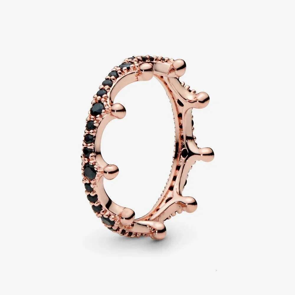 Rose Golden Shine Enchanted Crown Ring With Black Crystal 925 Sterling Silver Ring For Women Birthday Gift DIY Europe Jewelry