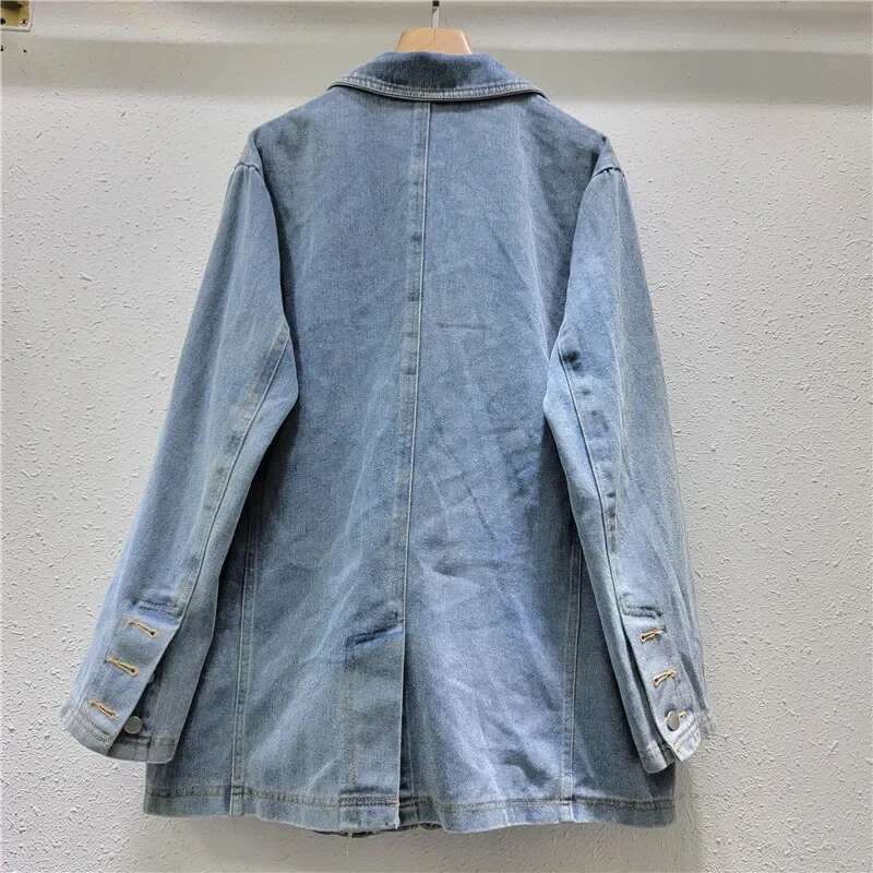 Women Big Sequins Denim Blazers Coat Spring Dias Beaded Jeans Jacket Suit Turn Down Collar Rhies Cowboy Cardigan Tops