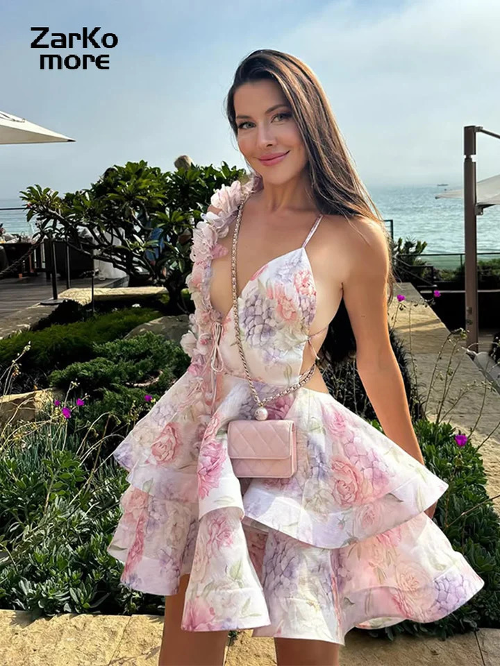 Sexy 3D printed mini dress for women Vneck suspender pleated edge backless party short skirt summer Aline long robe 250313