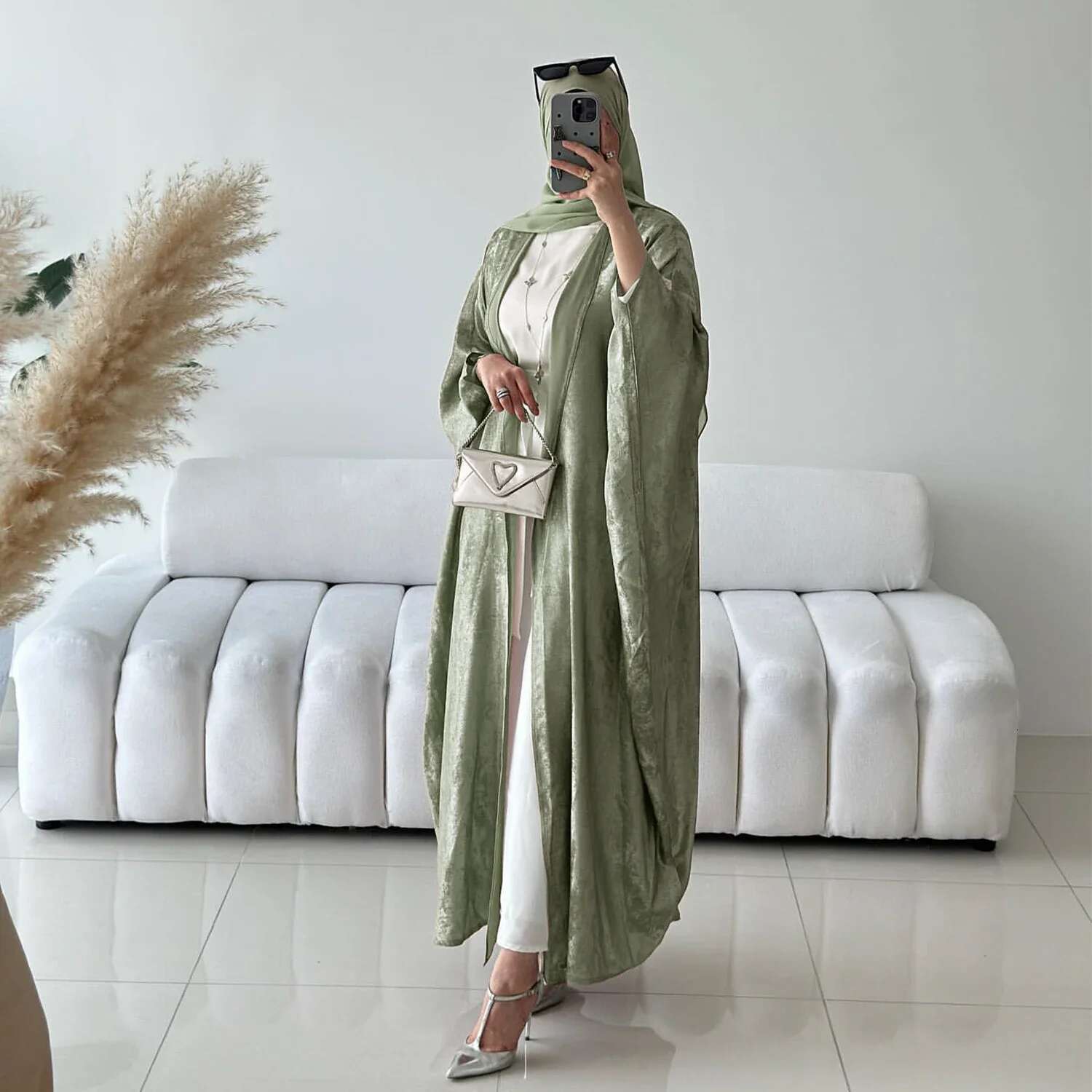 Fashion Elegant Dubai Turkish Abaya 2 Piece Set Muslim's Women Inner Under Dress Abayas Open Front Cardigan Suit 796