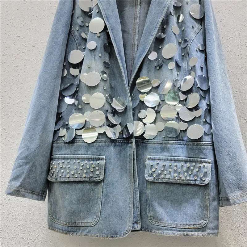 Women Big Sequins Denim Blazers Coat Spring Dias Beaded Jeans Jacket Suit Turn Down Collar Rhies Cowboy Cardigan Tops