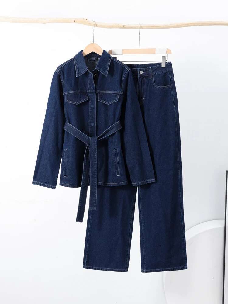 Street Jeans Suit Women Loose Lapel Long Sleeves Belt Denim Coats Sets Female 2025 Spring Fashion High Waist Solid Set Lady