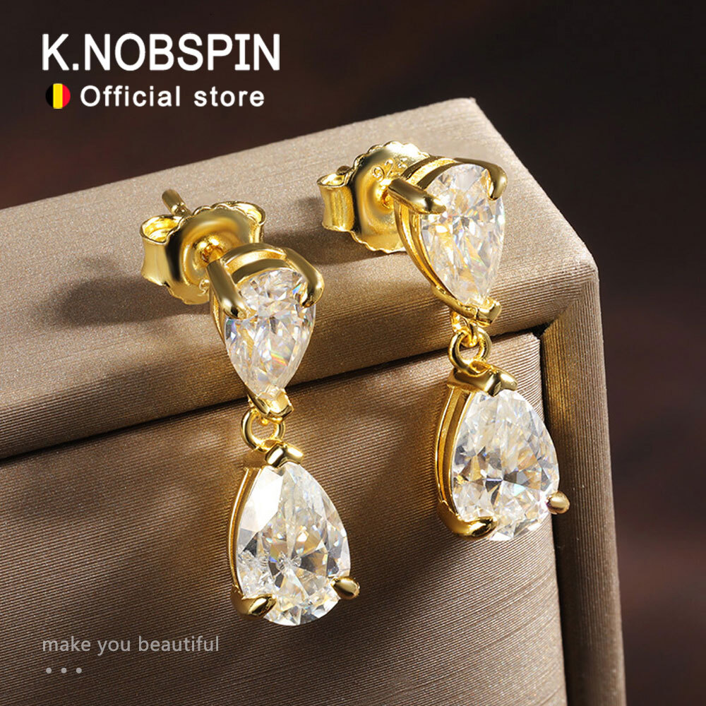 KNOBSPIN D VVS1 Pear Moissanite Drop Earrings for Women GRA Certified Diamond Solid s925 Silver Plated 18k Gold Wedding Earring