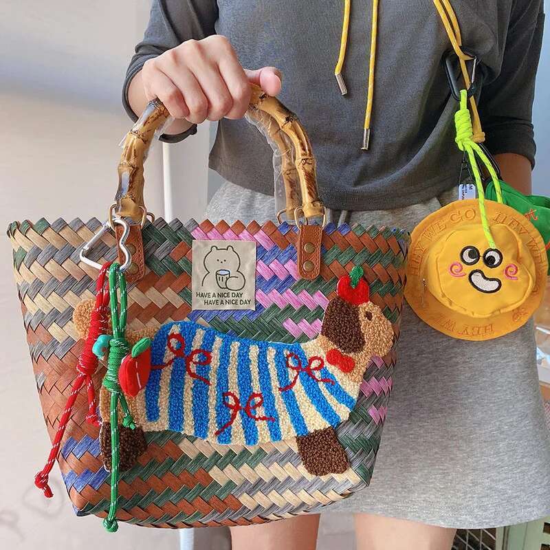 Summer Cute Dahund Casual Vegetable Basket Retro Colorful Wicker Woven Beach Straw Bags Girls Women Travel Handbag