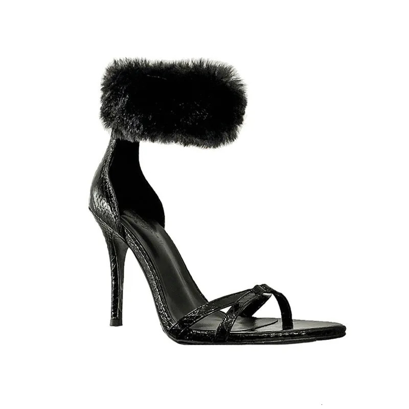 Summer Mink Hair Sexy Furry Open Toe Sandals Pointed Stiletto Heels Women Black High Heels 250312