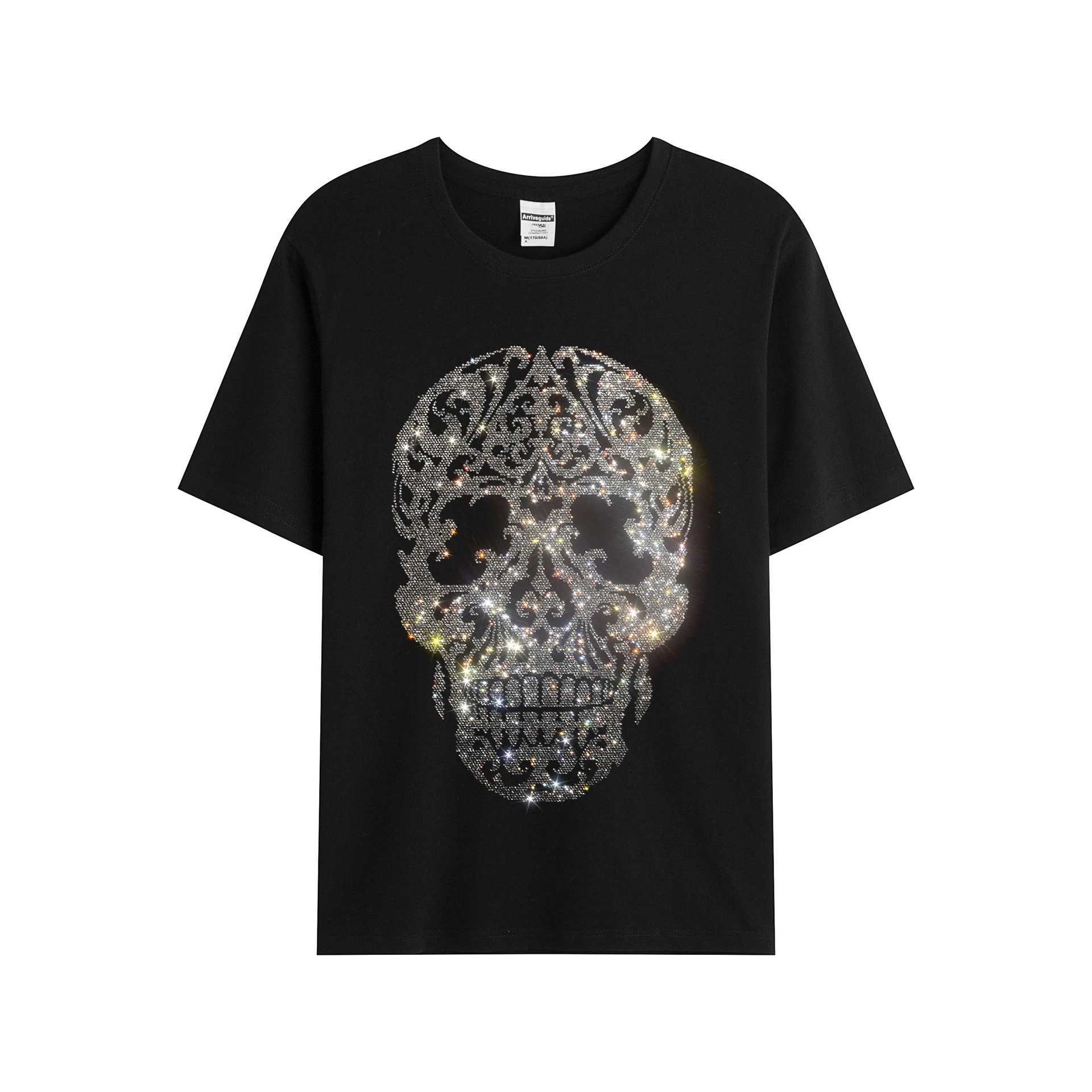 Shiny rhinestone creative skull mens summer short-slved T-shirt casual fashion loose cotton high quty T-shirt X250313