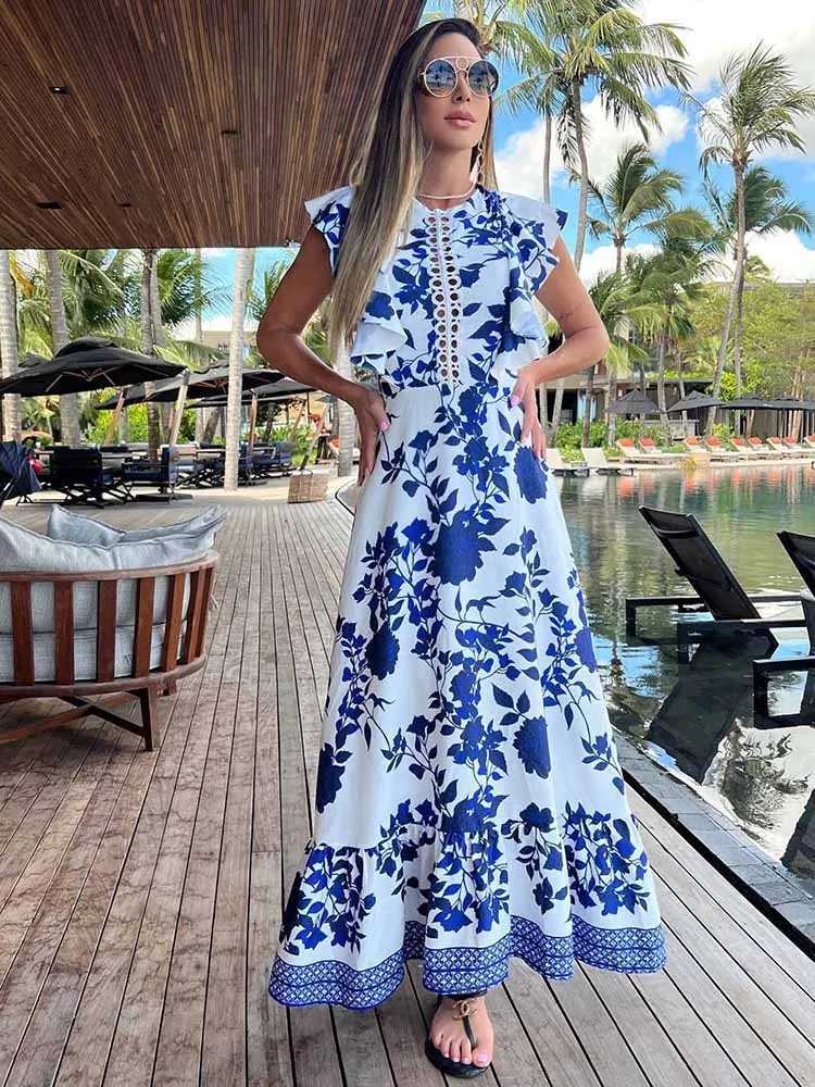 Urban Sexy Dresses 2025 New Blue Floral Print White Dres Women Lace Hollow Out Long Dr Holiady Summer Bodycon Robe Elegant Ruffles Vestidos Y240312UTY