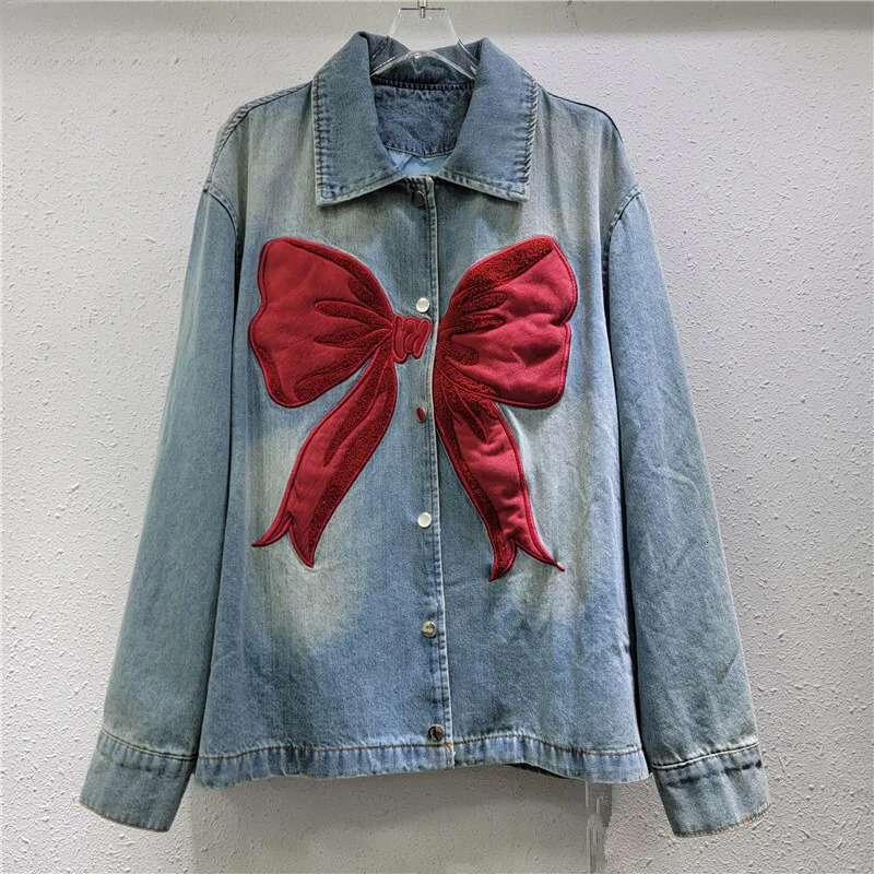 hoodie Contrast Colors Splicing Bow Long Sleeve Washed Cowboy Coat Single Breasted Turn-Down Collar Cardigan Women Spring jacket