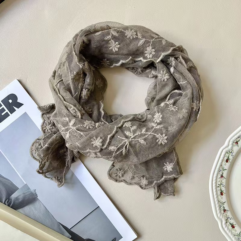 T281 knitted scarf female 2025 new small exquisite heavy embroidery lace embroidery long head scarf silk scarf