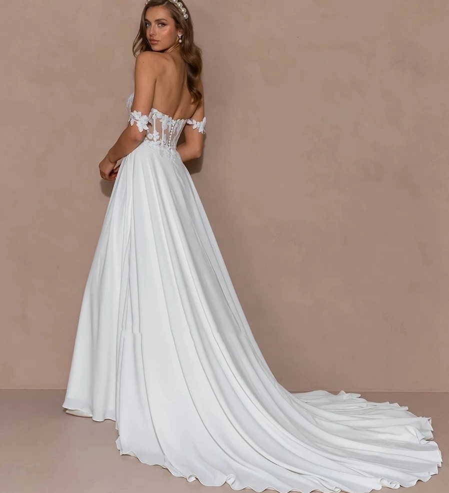 2025 Sexy Beach Boho Wedding Dresses Off Shoulder A-line Lace Illusion Backless High Slit Chiffon Bride Bridal Party Gowns Vestido De Novia