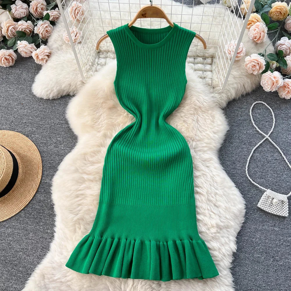 Summer Knitted Tight Sexy Dress Oneck Sleeveless Ruffle Party Sundress High Street Elastic Ultra Thin Short Skirt 250313