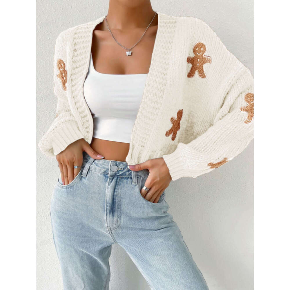 Manufacturer Biscuit Man Pattern Women's Knitted Sweater Short cardigan Spring and Autumn 2025 New Casual Versatile Fashion Clothing