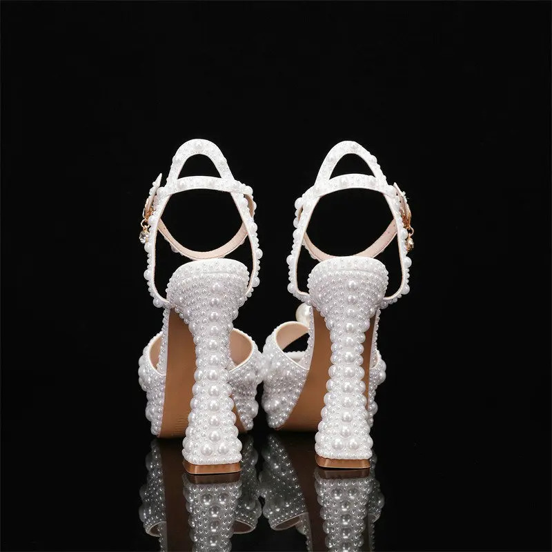 Summer Thick Heel High Heels Water Diamond Pearl Womens Single Shoes Bridal Wedding Shoes Banquet Party Sandals 250312