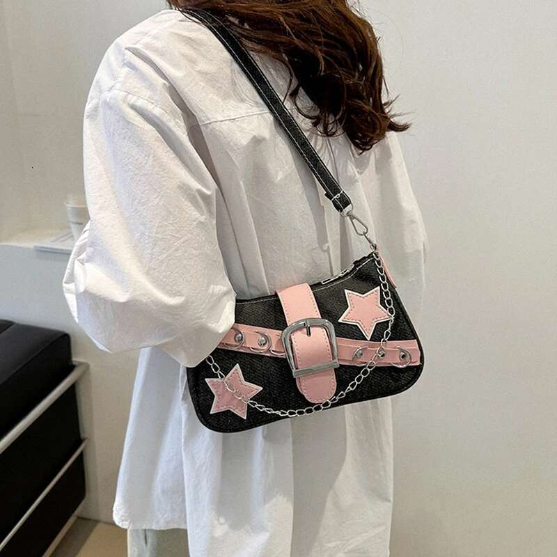 Women's Handbags Stars Pattern Cool Girls Underarm Bag Fashion Canvas Female Small Shoulder Bags Chain Tote Purses