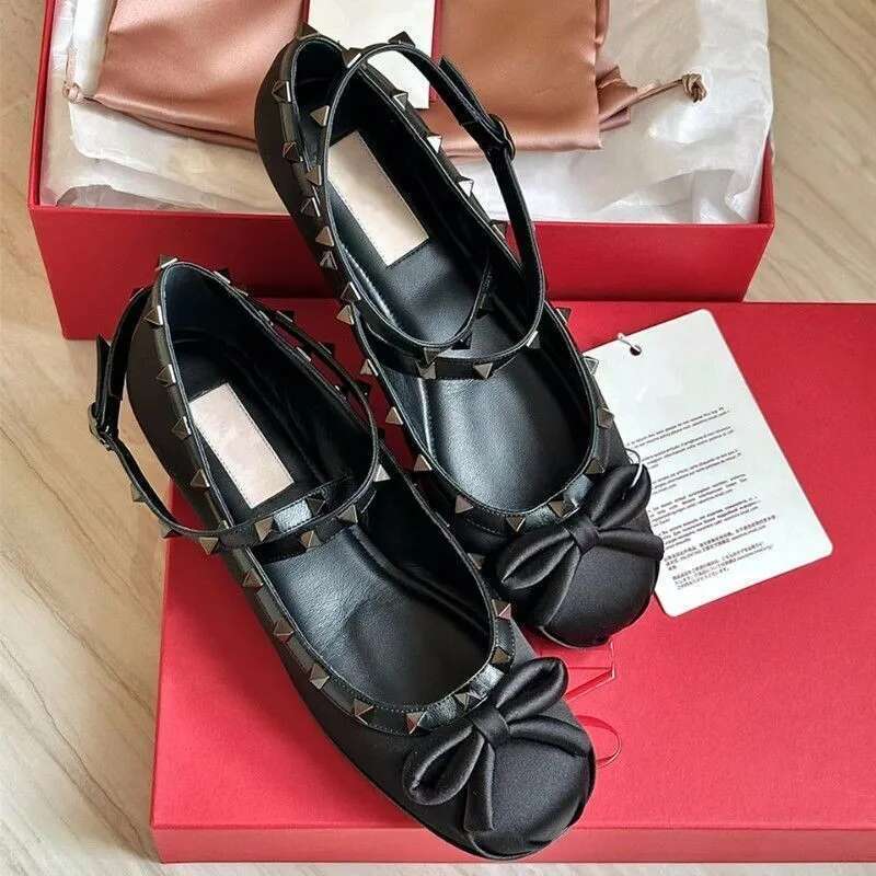 V family riveted satin ballet female 2023 new bow French single flat bottom Mary Jane princess shoes