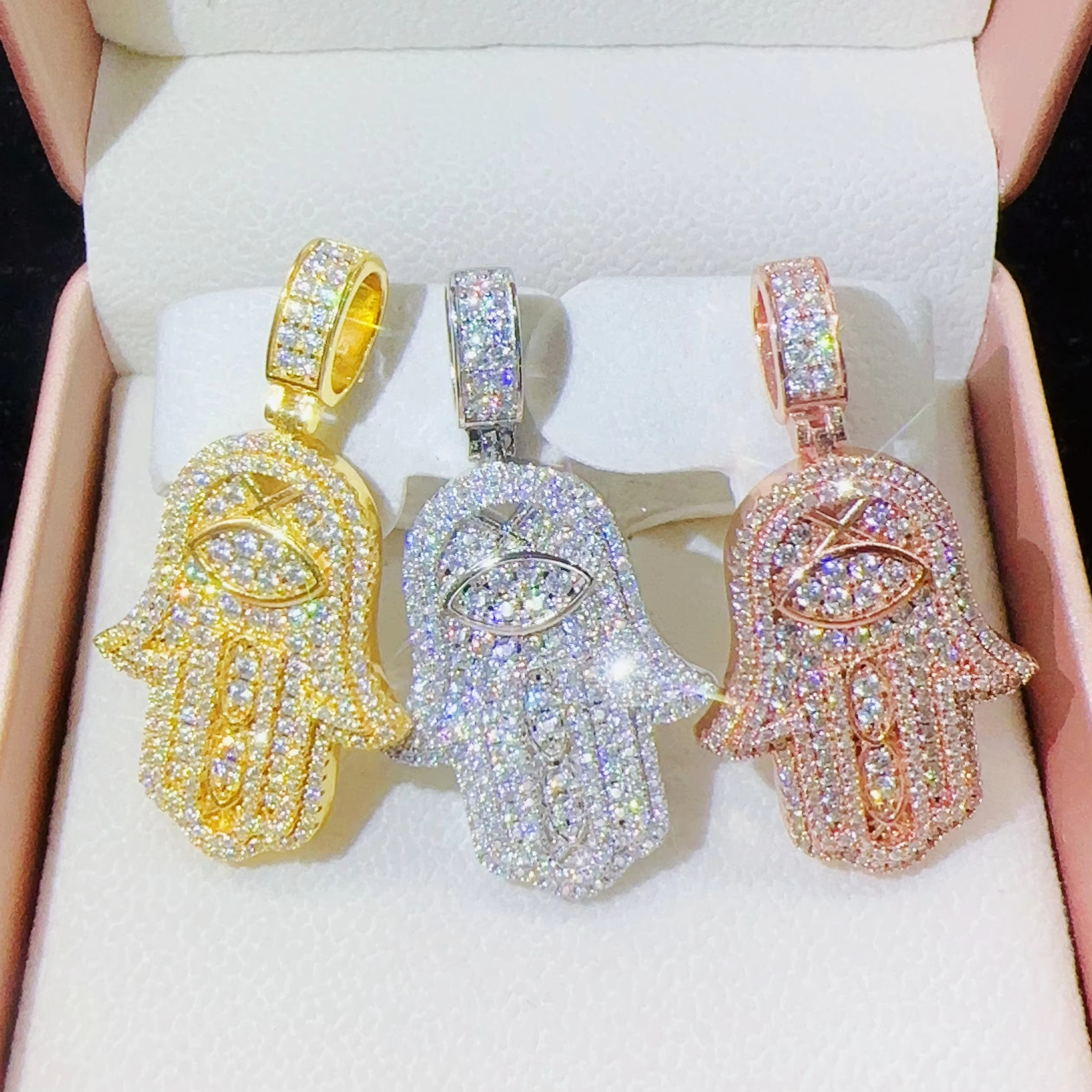 Pass Diamond Tester 925 Sterling Silver Jewelry Full Moissanite Hamsa Hand Pendant VVS Diamond Chain