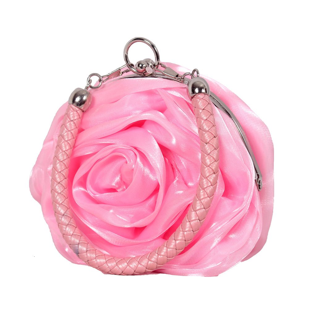 Japanese And Korean Rose Blossom Silk Bridal Wedding Dinner Cute Mini Round Handheld Women's Change Small Bag Evening Clutch