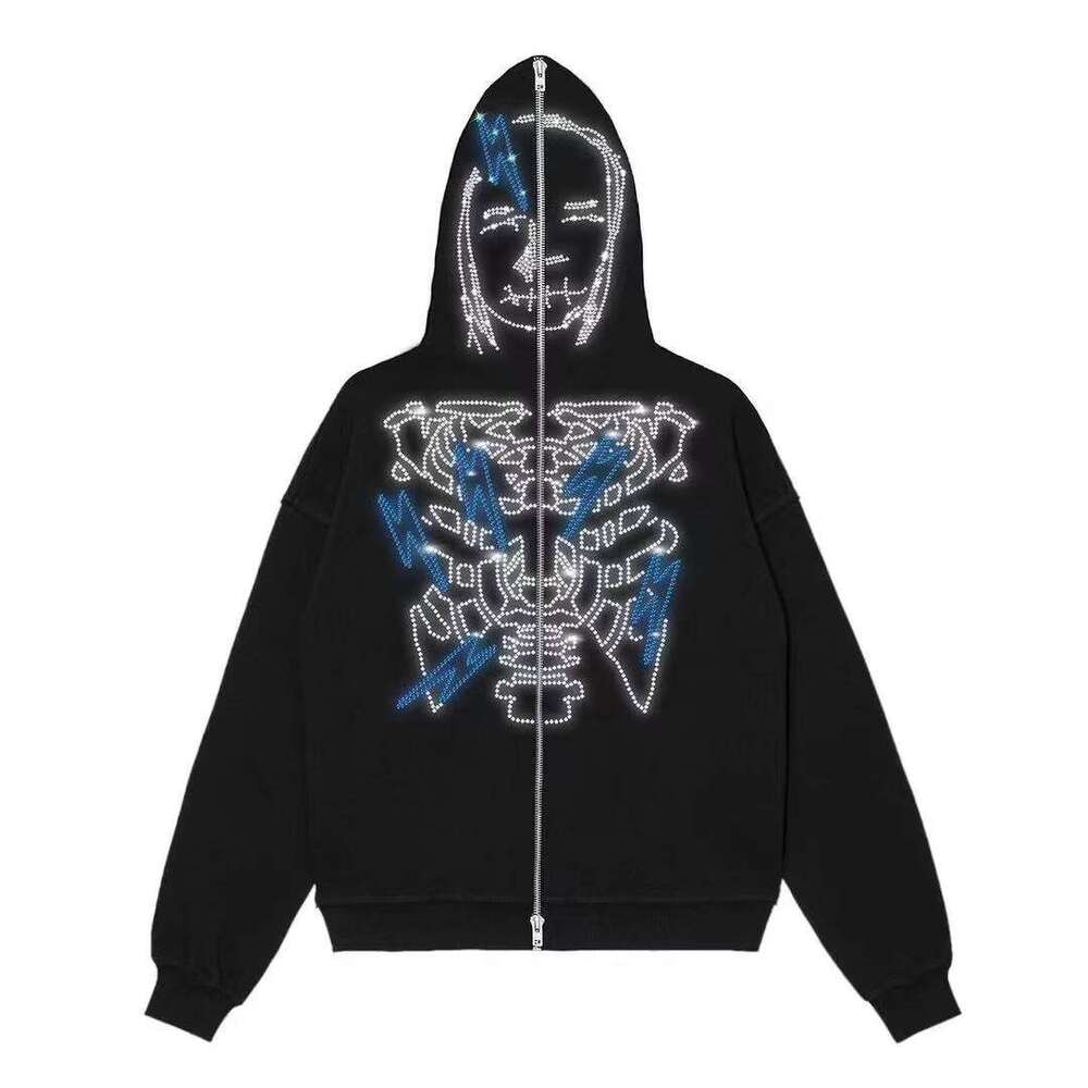 Dark Skull Water Diamond Printed Sweatshirt Men's and Women's Hoodies Gothic Couple Harajuku Large Zipper