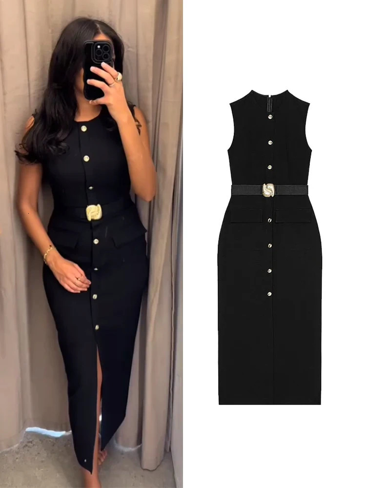 Elegant split style womens long skirt Oneck sleeveless single chest waist pleated pocket dress summer Vestidas 250313